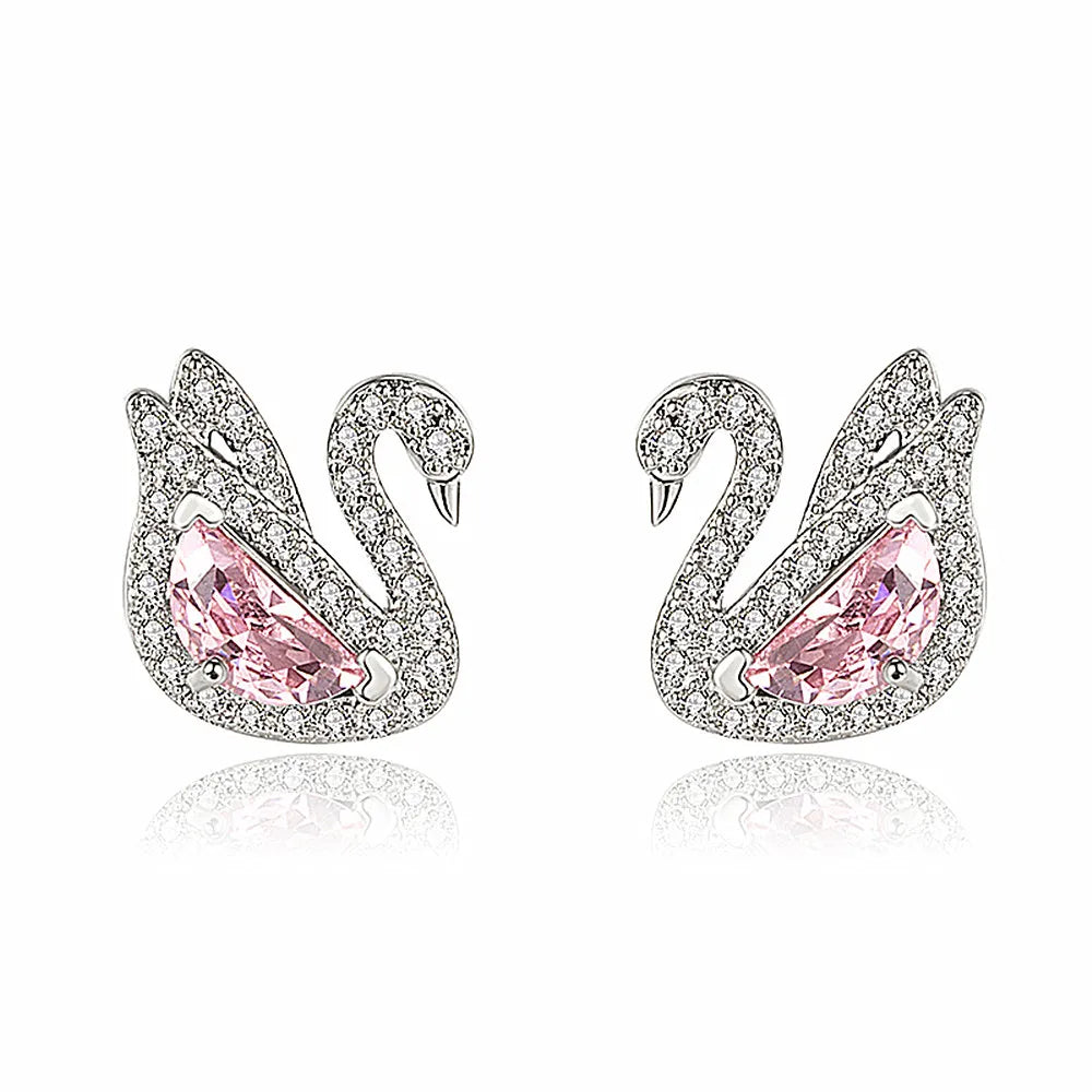 Chic Boucles d’Oreilles Studs Cygne Élégant – Cristaux Rose & Zirconium – Plaqué Or Blanc – Bijoux Mode Femme style swaroski