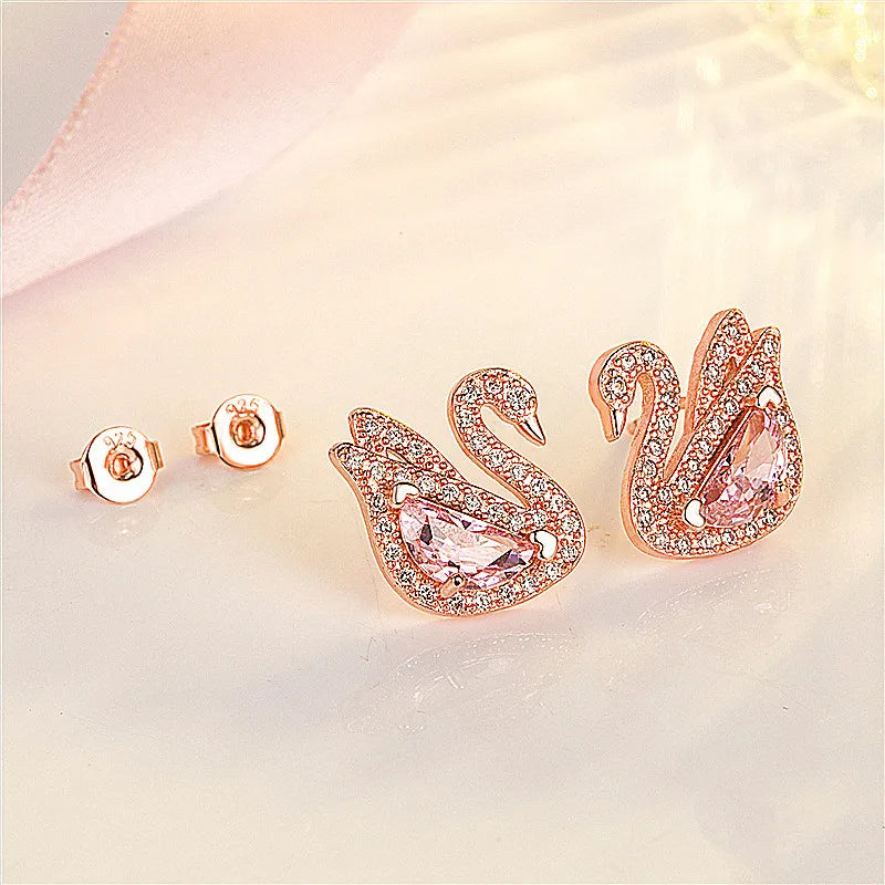 Chic Swan Earrings for Women – Pink Crystal & Zircon Studs, White Gold Jewelry Gift