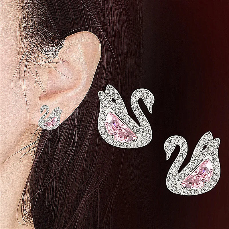 Chic Swan Earrings for Women – Pink Crystal & Zircon Studs, White Gold Jewelry Gift