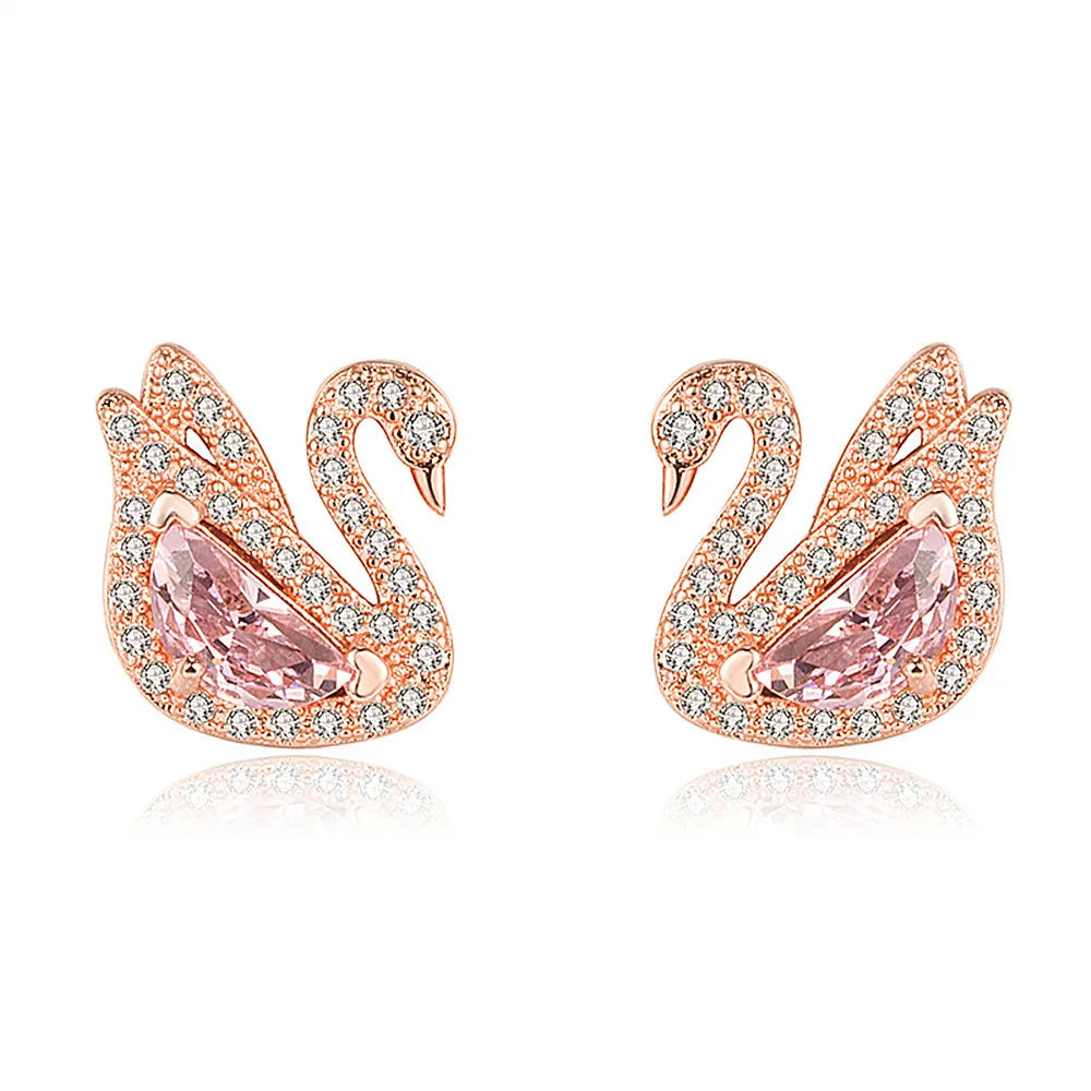 Chic Boucles d’Oreilles Studs Cygne Élégant – Cristaux Rose & Zirconium – Plaqué Or Blanc – Bijoux Mode Femme style swaroski