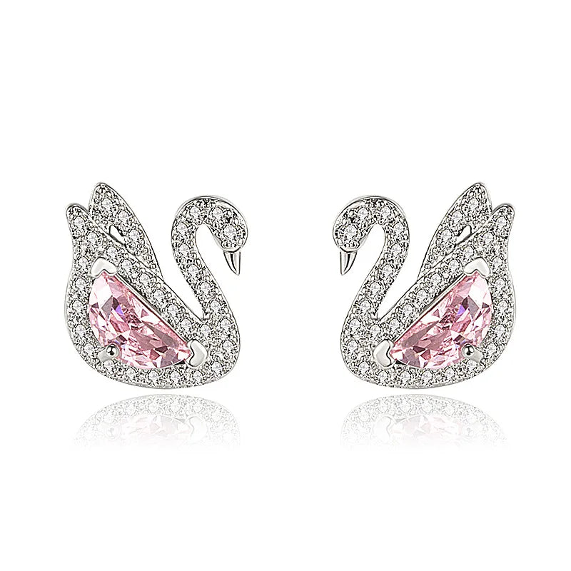 Chic Boucles d’Oreilles Studs Cygne Élégant – Cristaux Rose & Zirconium – Plaqué Or Blanc – Bijoux Mode Femme style swaroski