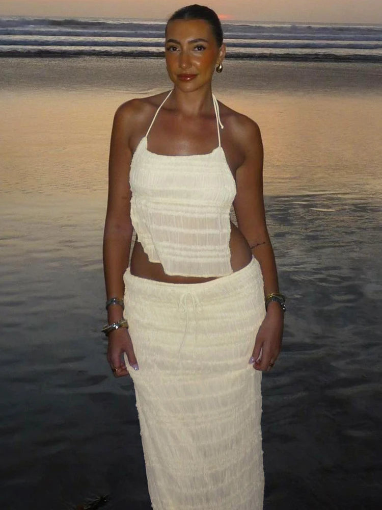 Ensemble Femme 2 Pièces Tendance Vacances – Crop Top Dos Nu en Mesh & Jupe Longue Fluide Élégante