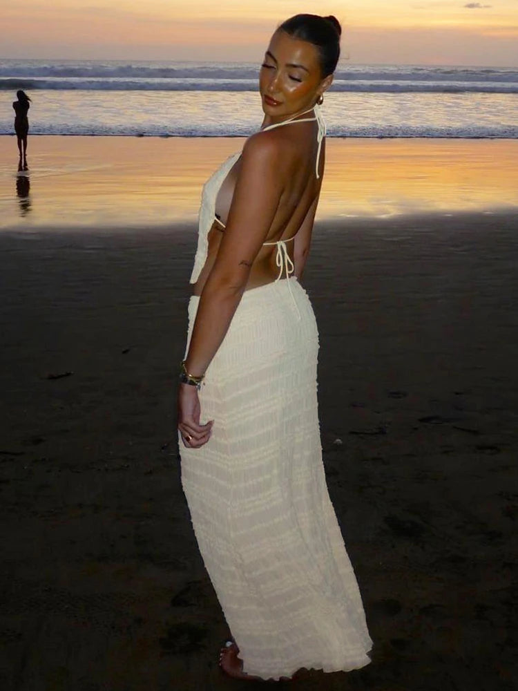 Ensemble Femme 2 Pièces Tendance Vacances – Crop Top Dos Nu en Mesh & Jupe Longue Fluide Élégante