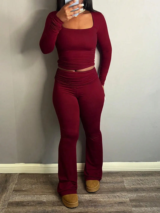 Ensemble Femme 2 Pièces 2025 – Haut Manches Longues Col Carré & Pantalon Uni Confortable