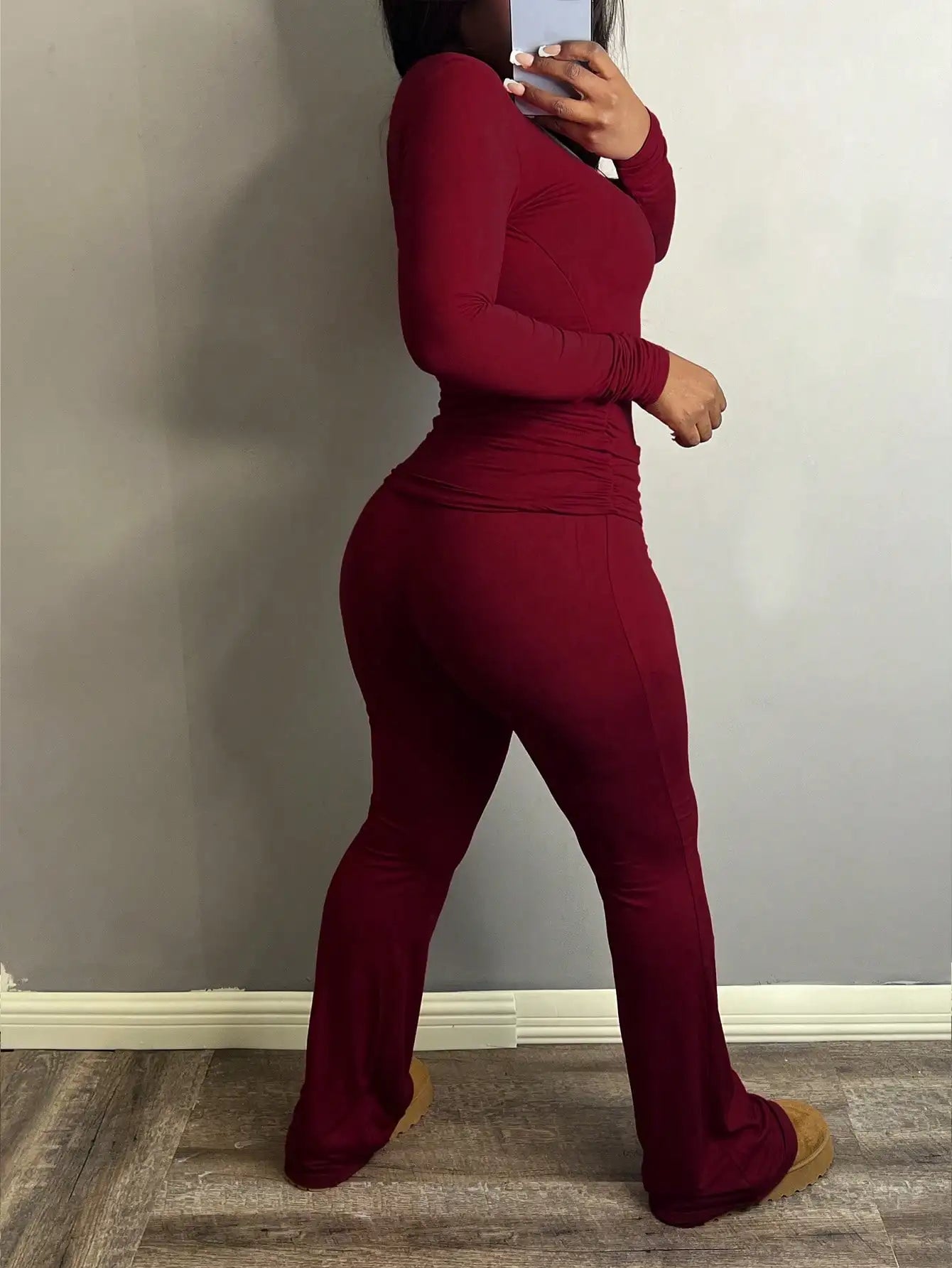 Ensemble Femme 2 Pièces 2025 – Haut Manches Longues Col Carré & Pantalon Uni Confortable