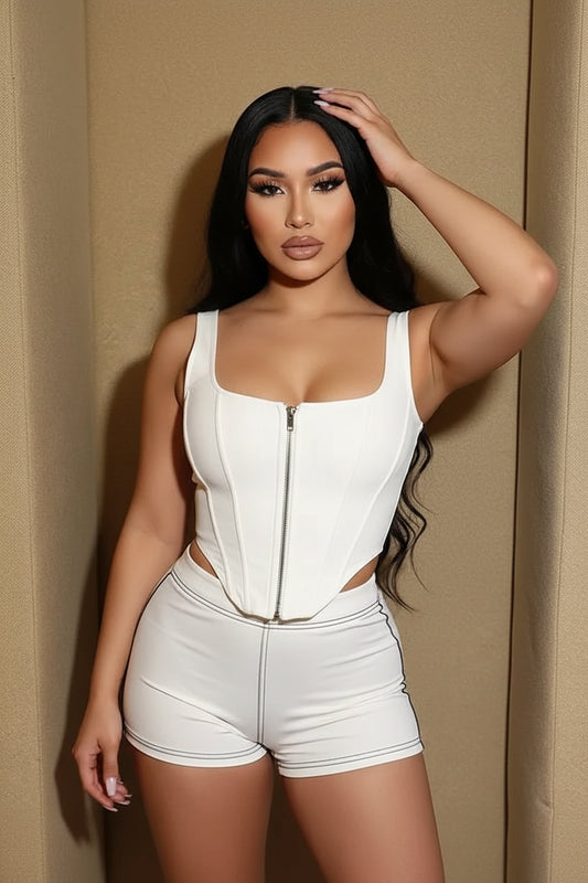 Ensemble Femme 2 Pièces Printemps-Été 2025 – Crop Top Sans Manches Col Zippé & Short Taille Haute