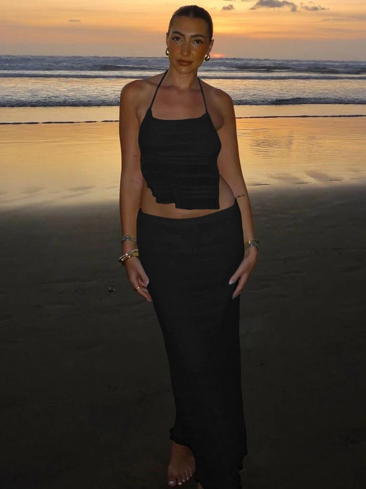 Ensemble Femme 2 Pièces Tendance Vacances – Crop Top Dos Nu en Mesh & Jupe Longue Fluide Élégante