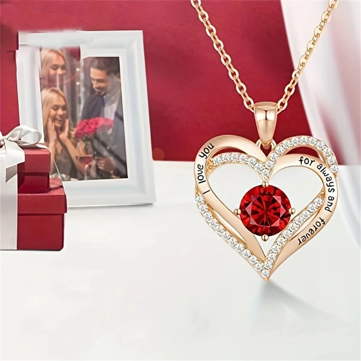 Collier Luxe Zircon Rouge 💎
🎁 Coffret Rose – Cadeau “I Love You” pour Femme